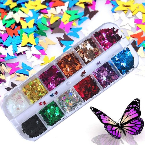 24 Color/Set 3D Butterfly Nail Glitter Sequins, Kalolary Laser Butterfly Nail Sequin Flake Acrylic Manicure Paillettes Face Body Lip Glitters for Nail Art Decoration Resin Mold DIY Makeup