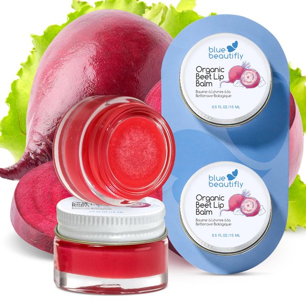 Blue Beautifly Beet-Infused USDA Certified Organic Lip Balm | Hydrates and Moisturizes Chapped & Dry Lips | Tinted Lip Gloss with Peppermint Oil | Rich in Vitamin E & Jojoba Oil | 0.5 fl oz X 2 Pack