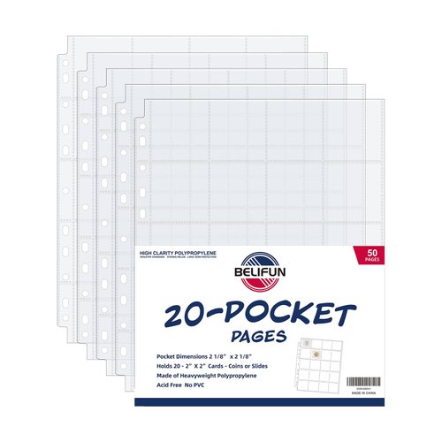 50ct 20-Pocket Coin Pages - Coin Pocket Pages for 2 x 2 Inch Cardboard Coin Holders, 11 Holes for Coin Binder, Coin Collecting Album Protectors, Coin Collection Storage