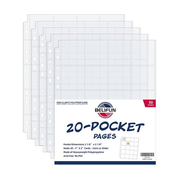 50ct 20-Pocket Coin Pages - Coin Pocket Pages for 2 x 2 Inch Cardboard Coin Holders, 11 Holes for Coin Binder, Coin Collecting Album Protectors, Coin Collection Storage