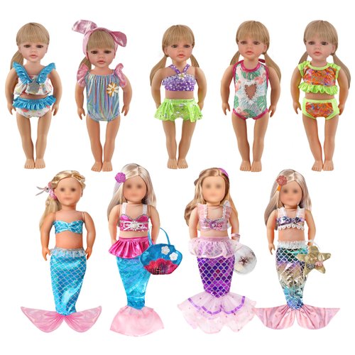 9 Sets 18 Inch Doll Swimsuits - Mermaid Tail Dresses Doll Bikini Swimwear Swimsuits - Lovely Girl Doll Clothes with Tight Underwear Hair Bands - Christmas Birthday Gift for Little Girls