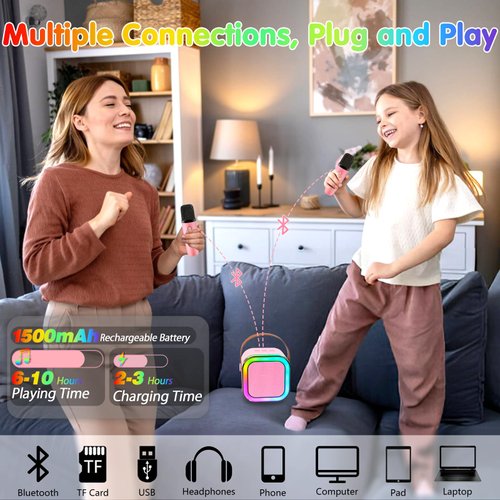 Mini Karaoke Machine for Kids Adults, Portable Bluetooth Speaker with 2 Wireless Microphones, Christmas Birthday Gifts Party Toys for Kids 4, 5, 6, 7, 8, 9, 10, 11, 12+ Years Old Girls Boys - Pink
