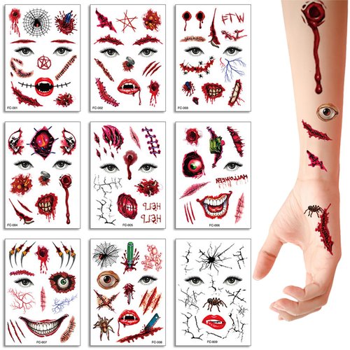 9PCS Halloween Prank Makeup Temporary Tattoos, Halloween Zombie Bloody Scars Tattoos 3D Fake Wound Stitch Scabs Scary Face Tattoos Makeup Sticker Prank Props for Halloween Cosplay Party (2#)