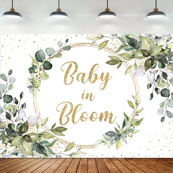 Omifly Baby in Bloom 7Wx5H Backdrop for Photography Eucalyptus Green Leaves Botanical Gold Glitter Star Baby Shower Background Party Decorations Cake Table Banner Decor Photo Booth Studio Props
