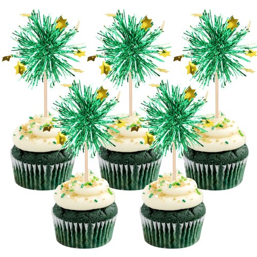 30 PCS Foil Firework Cupcake Toppers Happy Birthday Star Cupcake Picks Sparkle Tinsel Drink Stirrers Cocktail Fruit Toothpicks for Valentine's Day Wedding Birthday Party Decorations Supplies Green
