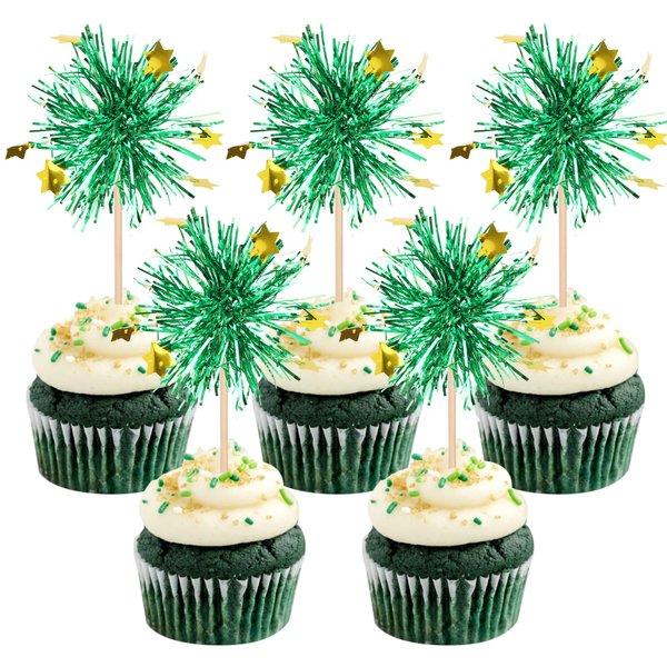 30 PCS Foil Firework Cupcake Toppers Happy Birthday Star Cupcake Picks Sparkle Tinsel Drink Stirrers Cocktail Fruit Toothpicks for Valentine's Day Wedding Birthday Party Decorations Supplies Green