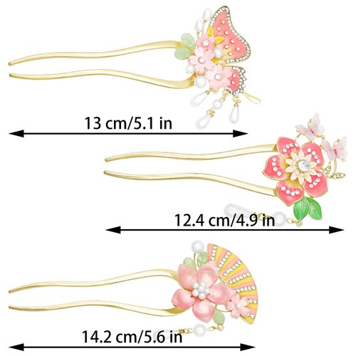 3PCS Butterfly Flower Hair Sticks Chinese Tassel Hair Pins Pearl Rhinestone Hanfu Hair Chopsticks for Buns Metal Floral Hairpin Wedding Headpiece Brides Hair Styling Accessories for Long Hair Women