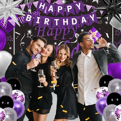 Black Purple Birthday Decorations for Women Girls Men, Purple and Silver Party Decorations Happy Birthday Backdrop Banner Confetti Star Silver Black Purple Balloons Arch Tablecloth Party Supplies