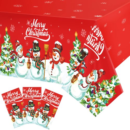 3 Pieces Christmas Table Cover Set Merry Christmas Tablecloth Christmas Theme Party Plastic Tablecover Xmas Snowman Christmas Tree Table Cloth for Kids Birthday Christmas Themed Party Decoration