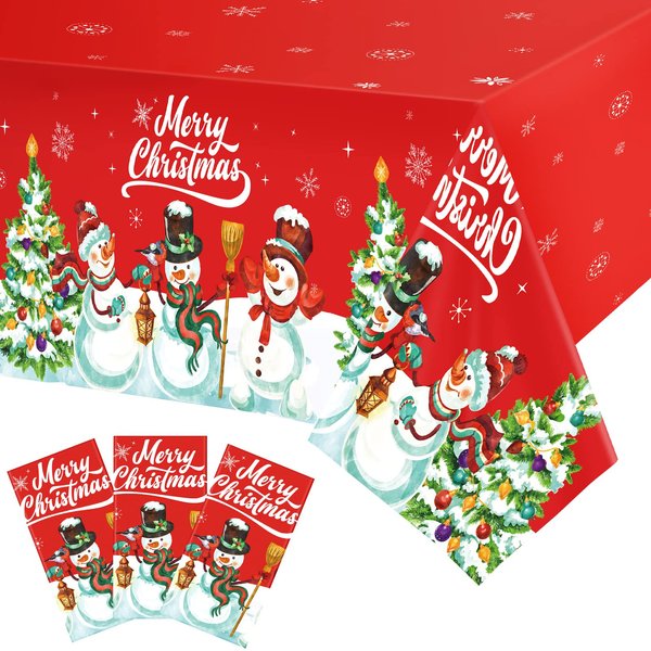 3 Pieces Christmas Table Cover Set Merry Christmas Tablecloth Christmas Theme Party Plastic Tablecover Xmas Snowman Christmas Tree Table Cloth for Kids Birthday Christmas Themed Party Decoration