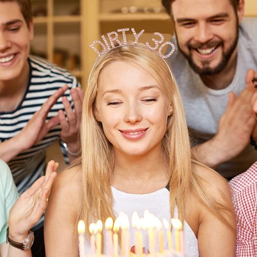 AOPRIE Dirty 30 Birthday Headband & Sash for Women Rose Gold Birthday Tiara Crown Rhinestone Happy Birthday Hair Accessories Gift Sets