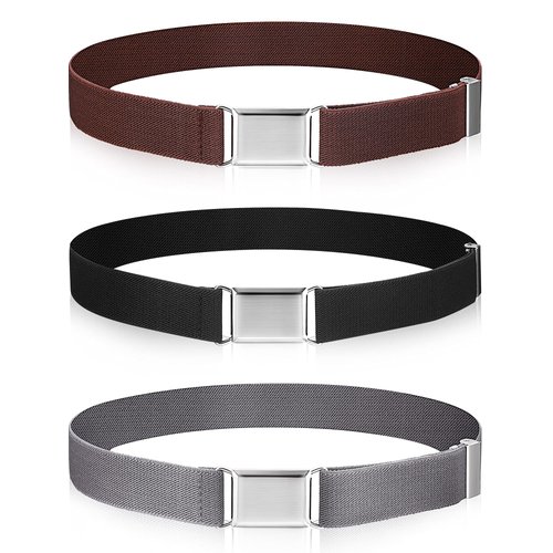 Syhood 3 Pieces Kids Toddler Elastic Buckle Belt Adjustable Buckle Stretch Belts with Silver Square Buckle for Boys Girls (Black, Brown, Gray)