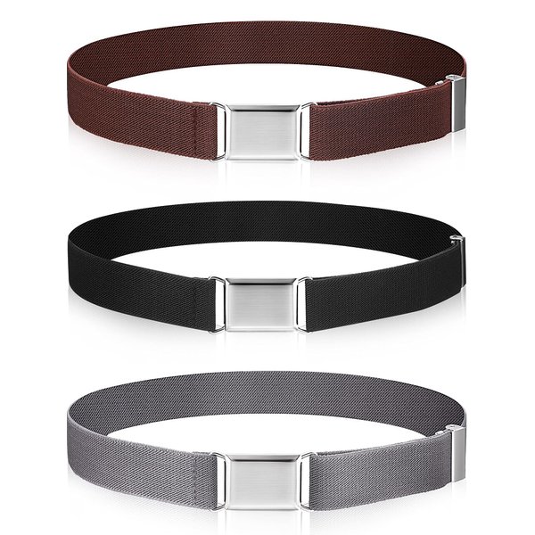 Syhood 3 Pieces Kids Toddler Elastic Buckle Belt Adjustable Buckle Stretch Belts with Silver Square Buckle for Boys Girls (Black, Brown, Gray)
