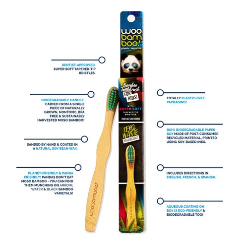 Woobamboo Kid's Bamboo Toothbrush 2 Pack - Super Soft BPA Free Nylon Bristles - Eco-Friendly, Biodegradable, Compostable, Vegan