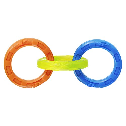 Nerf Dog 10.5in Rubber 3-Ring Tug Dog Toy, Lightweight, Durable and Water Resistant, Single Unit, Blue/Green/Orange