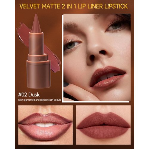 2 in 1 Lip Liner Lipstick, Dusk Brown Lip Liner Lip Gloss, Velvet Matte Sharpened Head Lip Tint Stain, Long Lasting Waterproof,Highly Pigmented Non-sticky Tinted Lip Balm, Lip Makeup for Women-02