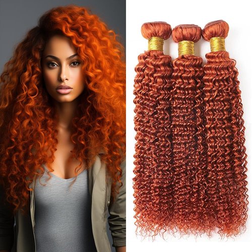 Ginger Kinky Curly Bundles Human Hair Color 350 Bundles Human Hair Orange Curly Hair Bundles Double Weft Remy Hair Wet and Wavy Bundles Soft and Silky for Black Women (16 18 20 inch,3 Bundles)