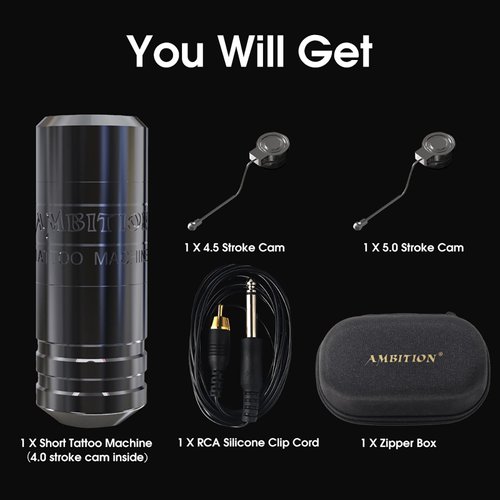 Ambition Torped Rotary Tattoo Machine Short Pen with Brushless Motor Professional Cartridges Tattoo Gun with RCA Cord for Tattoo Artists