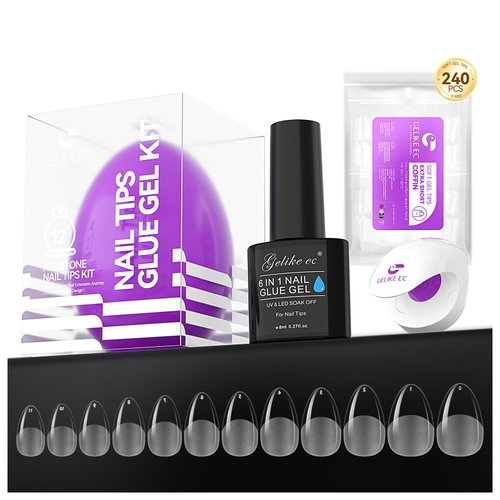 Gelike EC Gel X Nail Kit- 6 in 1 UV Strong Gel Glue, 240PCS Short Almond Nail Tips, and UV Lamp