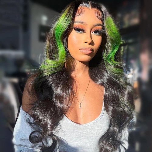 JYZ Skunk Stripe Wig Human Hair Lace Front Green Highlights Wig Human Hair Wavy 13X4 HD Lace Front Wigs Human Hair 200% Density Highlight Wigs Human Hair Pre Plucked with Baby Hair 18inch Middle Part