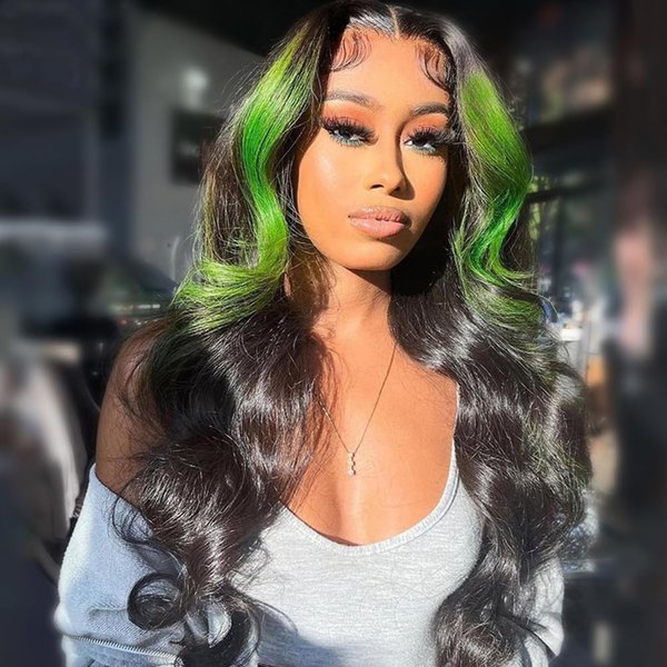 JYZ Skunk Stripe Wig Human Hair Lace Front Green Highlights Wig Human Hair Wavy 13X4 HD Lace Front Wigs Human Hair 200% Density Highlight Wigs Human Hair Pre Plucked with Baby Hair 18inch Middle Part