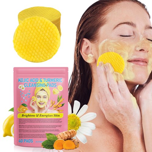 flasture Kojic Acid Turmeric Cleansing Pads - Turmeric Cleansing Pads, Exfoliating, Glow Up Acne Scars, Unclog Pores, Enriched Vitamin C,Gentle & Non-Irritating for Face Body - 40 Count