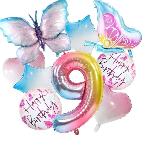 9Pcs Butterfly Balloons 9th Birthday Decorations for Gradient Colorful Butterfly Foil Balloons 9 Years Old Fairy Butterfly Theme Birthday Party Supplies Decor