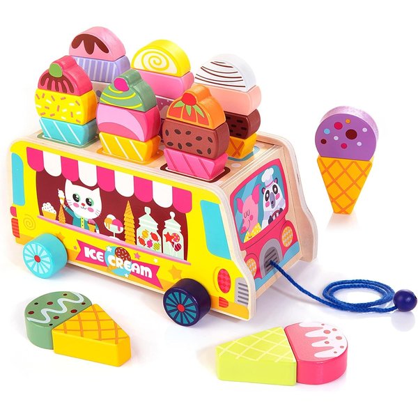 Tamy&Zee Wooden Ice Cream Truck, 27 pcs Magnetic Ice Cream Pretend Play Food & Accessories, Montessori Sorting & Stacking Toys for Toddler Girls & Boys Age 3+