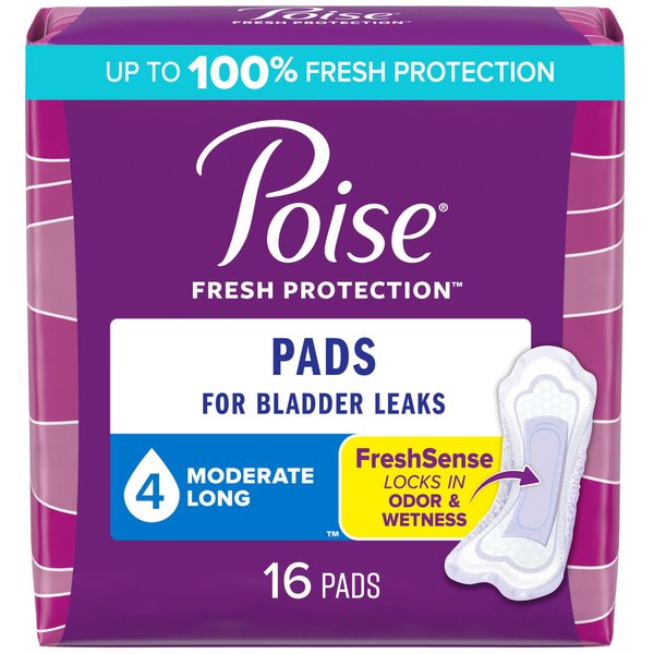 Poise Incontinence Pads & Postpartum Incontinence Pads, 4 Drop Moderate Absorbency, Long Length, 16 Count, Packaging May Vary