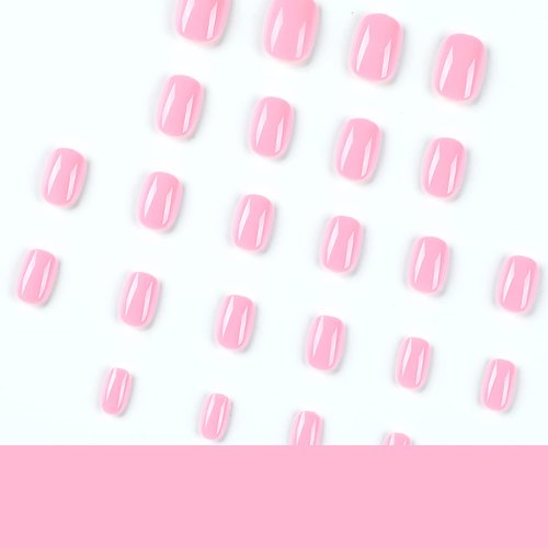 Square Press on Nails Short Fake Nails Nude Acrylic False Nails Extra Short Pink Artificial Nails Glossy Solid Color Full Cover Glue on Nails Stick on Nails for Women Girls Manicure Art Decorations（Light Pink）24 Pcs