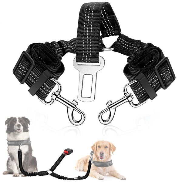 Slowton Double Dog Car Seatbelt, Dual Pet Vehicle Safety Seat Belt Adjustable Double Dog Coupler Lead Splitter Elastic Bungee Reflective Stripe Two Pets Car Trip Travel