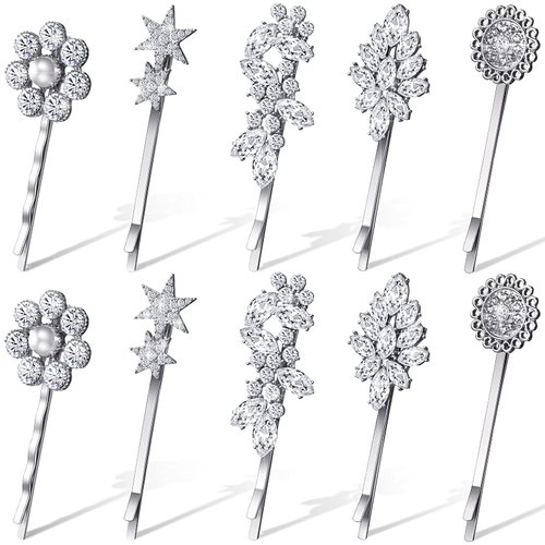 Waydress 10 Pcs Vintage Hair Pins for Women Vintage Rhinestone Bobby Pin Star Decorative Tone Hair Pins Hair Barrette Flower Leaf Feather Sunflower Hair Clips Metal Hair Accessories(Silver)