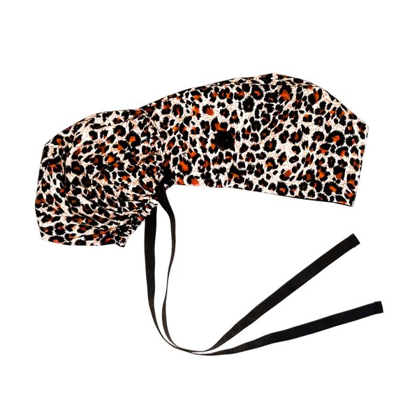 Scrub Cap with Silky Inner - Cotton Hat with Sweatband and Buttons, Adjustable Tie Back Ponytail(Randomly Provide Hair Ring) (Leopard)