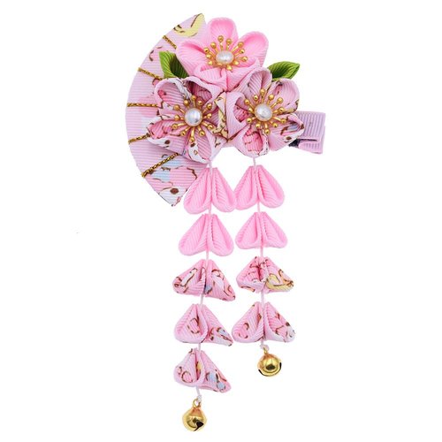 Japanese Style Women Flower Hair Clip Tassel Hair Ornament, Kimono Decor Fabric Hanfu Hairpin Accessories For Christmas Party Costume Gift (Pink)