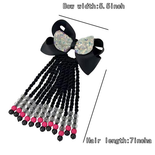 Kids Ponytail Hair Extension Braid Girls Braided Ponytail Hair Extension Clip On Go For Girls Beads,Black Hair Band & Bow Included,Detachable and Reusable (black)