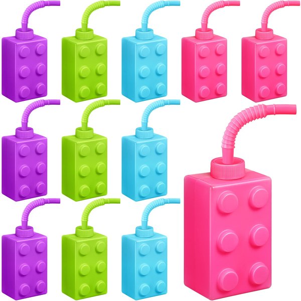 Mumufy Building Blocks Cups with Straw and Lids, 10 oz Reusable Kids Cup Brick Party Plastic Cups for Block Birthday Party Supplies Favors (12 Sets)