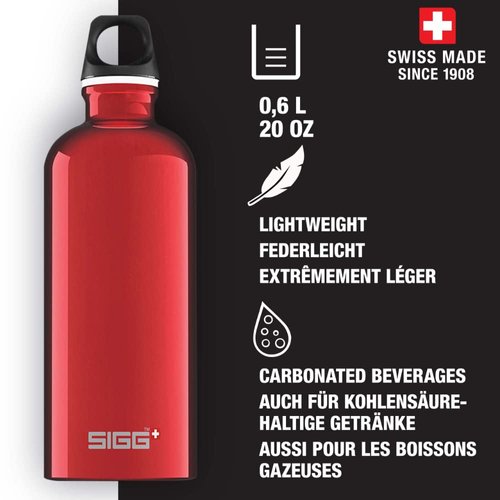 Sigg - Aluminum Water Bottle - Traveller Red - Climate Neutral Certified - Suitable for Carbonated Beverages - Leakproof & Lightweight - BPA Free - 20 oz