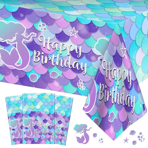 3 Pcs Mermaid Tablecloth-Happy Birthday Mermaid Table Cover, Disposable Plastic Rectangle Ocean Under The Sea Mermaid Table Cloth for Mermaid Birthday Decorations and Party Supplies, 54 x 108 Inch