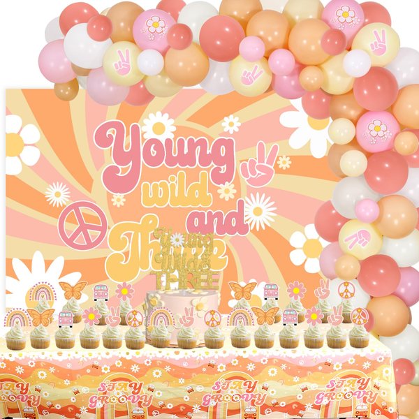 Cheereveal Young Wild and Three Decorations Girl, Three Groovy Birthday Decorations, Groovy 3rd Birthday Decorations Balloon Garland Kit, Backdrop, Tablecloth for Groovy Birthday Party Supplies