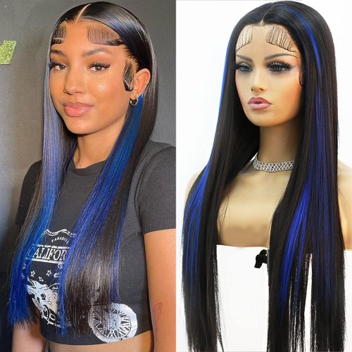 Fugady Blue Highlight Wig Long Straight Lace Front Wig Black and Blue Synthetic Lace Front Wigs for Black Women Pre Plucked with Baby Hair Heat Resistant for Daily Use 24 Inches(Synthetic| 13 * 4 Lace Frontal)