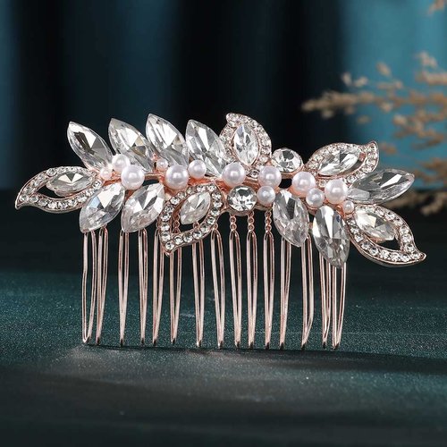 Latious Silver Bride Wedding Hair Comb Crystal Bridal Hair Clip Pearl Hair Piece Decorative Hair Accessories for Women and Girls (Rose Gold)