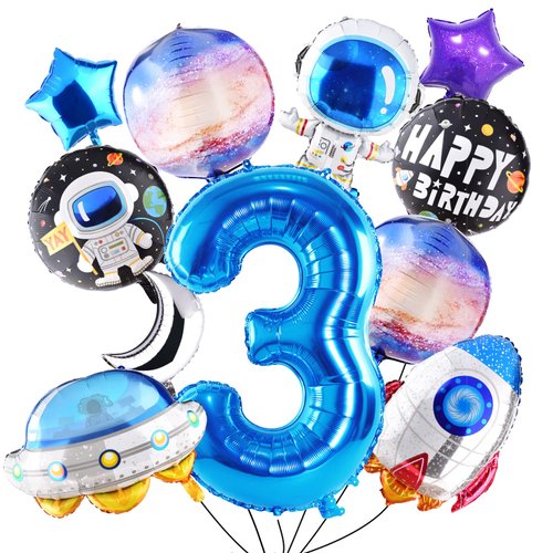 TMCCE 11 PCS Space theme Birthday Party Decoration Astronaut Spaceman Foil Balloons For 3rd Outer Space Birthday Party Supplies (Blue-3rd)