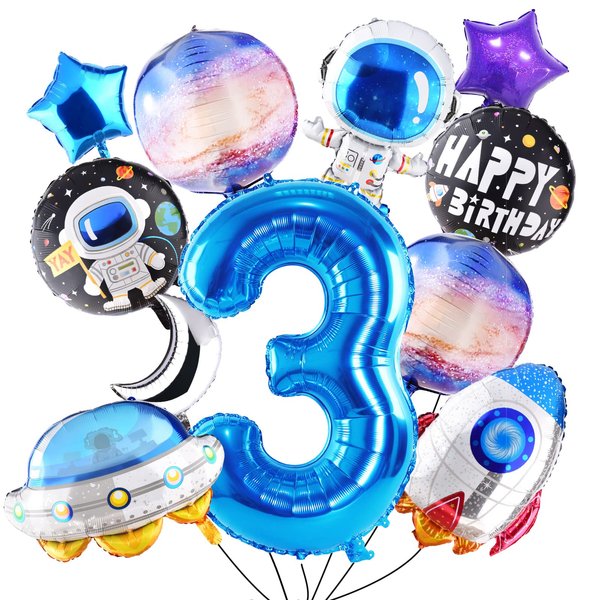 TMCCE 11 PCS Space theme Birthday Party Decoration Astronaut Spaceman Foil Balloons For 3rd Outer Space Birthday Party Supplies (Blue-3rd)