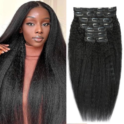 18 Inch Kinky Straight Clip in Hair Extensions Real Human Hair Yaki Straight Clip ins Seamless Remy Human Hair Clip in Extensions for Black Women Natural Black 8Pcs 100g 20 Clips