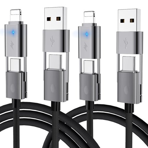 4 in 1 USB C Cable, 2Pack [Upgraded] Multi Fast Charging Cable Dual C to C Cable PD 65W 27W, [6FT+3FT] Round Braided Universal Charger Cord Combo Type C/USB A/L Port for iPhone/i-Pad/Samsung/Mac Book