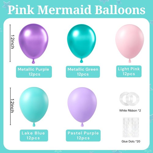 BAUANOOY Mermaid Balloons, 60pcs 12 Inch Pink Metallic Purple Green Blue Latex Balloons for Little Mermaid Birthday Decorations, Baby Shower, Under the Sea Party Decorations