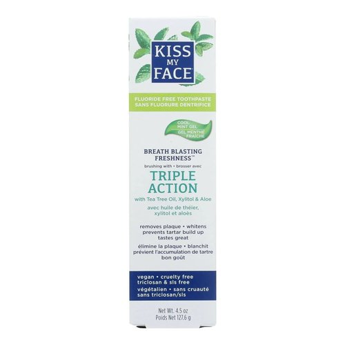 Kiss My Face Triple Action Herbal Mint Gel Toothpaste, SLS And Fluoride Free, Removes Plaque, Prevents Tartar, And Whitens Teeth, With Added Tea Tree Oil, No Artificial Colors Or Flavors, 4.5 oz