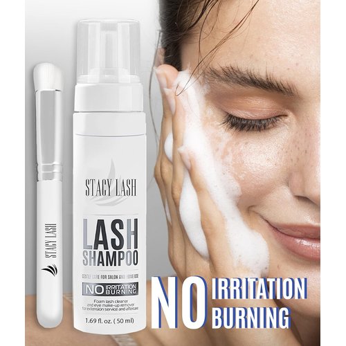 STACY LASH Eyelash Extension Shampoo + Brush /1.69 fl.oz/ 50ml / Eyelid & Eyebrow Foaming Cleanser/Wash for Extensions & Natural Lashes/Safe Makeup Remover/Supplies for Professional & Home Use
