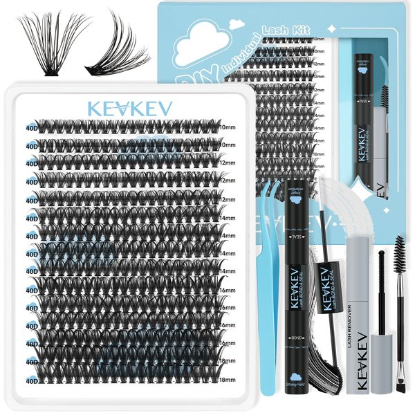 KevKev Lash Extension Kit 300Pcs Lash Clusters Kit DIY Eyelash Extension Kit with Lash Bond and Seal Eyelash Remover Lash Applicator Wispy Lashes Look Like Extensions(40D, D-10-18mix)