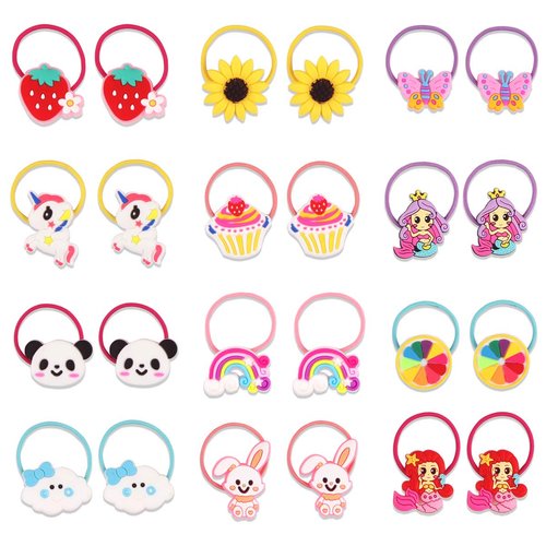 YASUNMI Girls Elastic Hair Ties, 24pcs (12 pairs) Hair Accessories for Girls, Toddlers, Kids, Teens, Children, Cartoon Hair Ties, Soft Rubber Bands Ponytail Holders, Multicolor
